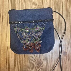Park Avenue Int NY denim beaded crossbody purse  colorful beaded fringe Boho